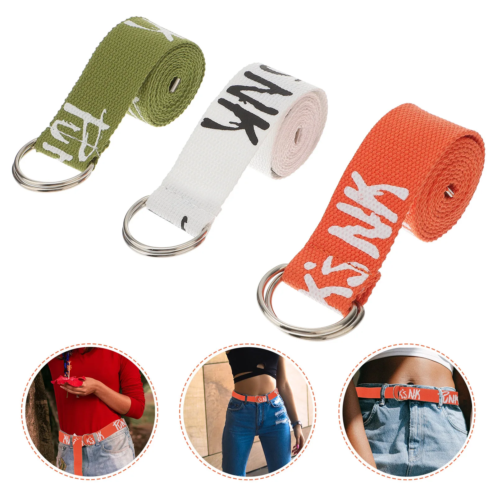 

3Pcs Canvas Double Loop Buckle Waist Belt Fashion Decorative Accessory for Jeans Shorts Tights Dresses Apricot Green Orange