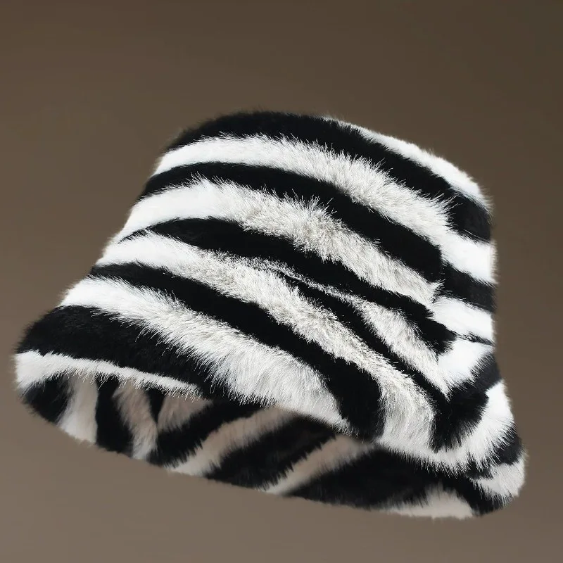 Autumn Winter Thick Plush Striped Fisherman Hat, Fashion Classic Zebra Pattern Flat Top Bucket Hat, Outdoor Windproof Warm Hat