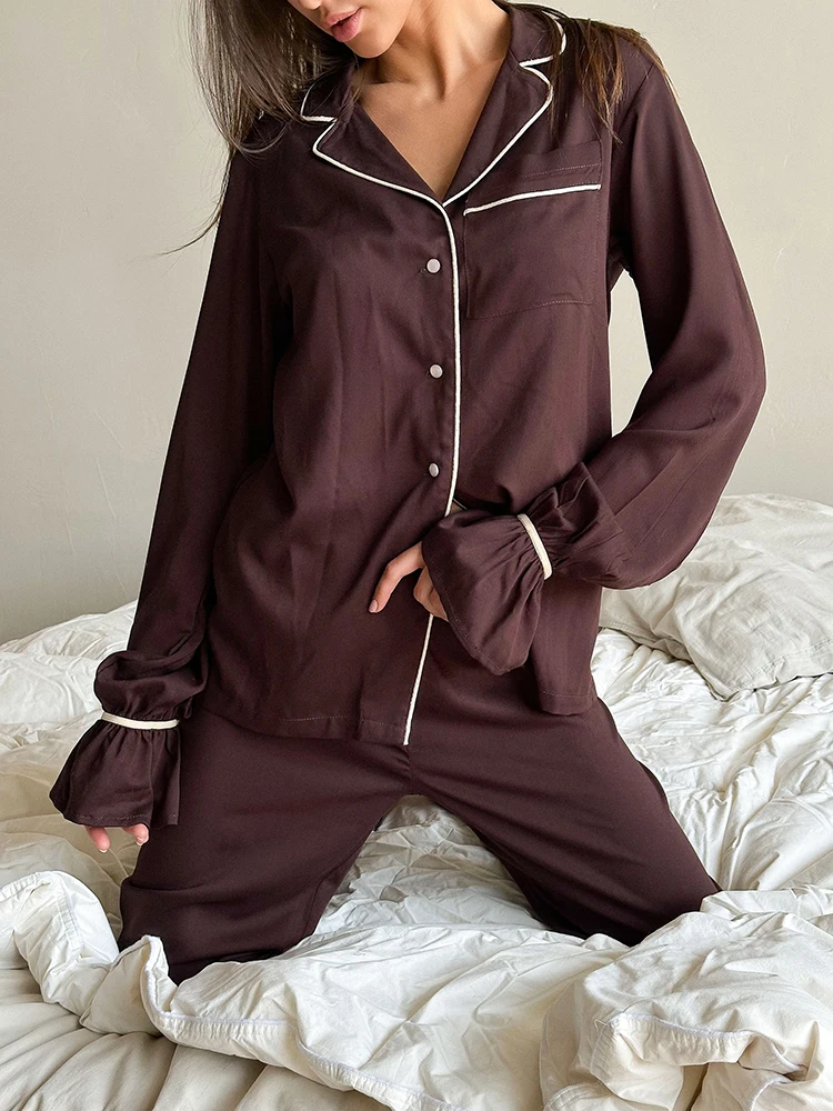 

Hiloc простые коричневые однобортные костюмы с карманами и длинными рукавами, женские элегантные комплекты с v-образным вырезом и цветными блоками, свободные эластичные брюки