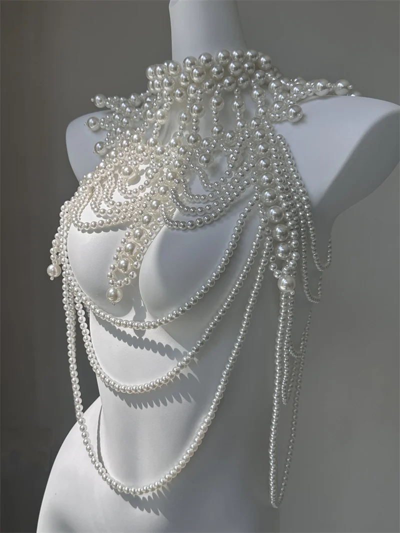 Sexy Women's Pearl Body Chain Bra Adjustable Size Shawl Necklaces Collar Shoulder Fashion Tops Chain Necklaces Body Jewelry