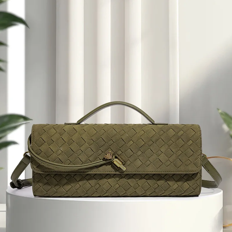 Handwoven Soft Leather French Bread Bag Crossbody Accordion Pure Color Women's Bag Horizontal Square Style Daily Use