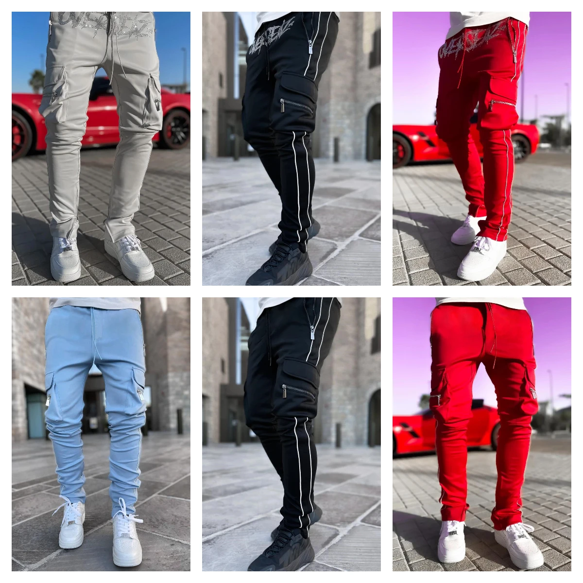 

EH·MD® Men's Trendy Black Split Leg Casual Pants Fashion Street Pants Comfortable Tight Hot Drill Elastic Water Wash Slim Fit 23