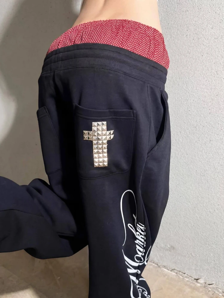 2026 punk style rivet cross double-layer polka dot waist wide leg sweatpants, Y2K street style pants