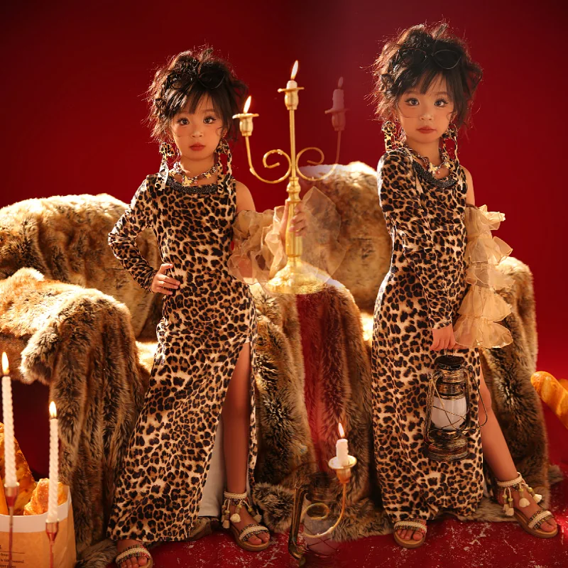 

Girls Dune Wasteland Wind Leopard Print Locomotive Catwalk Trendy Clothes Children's Halloween Car Model Punk Style Performance