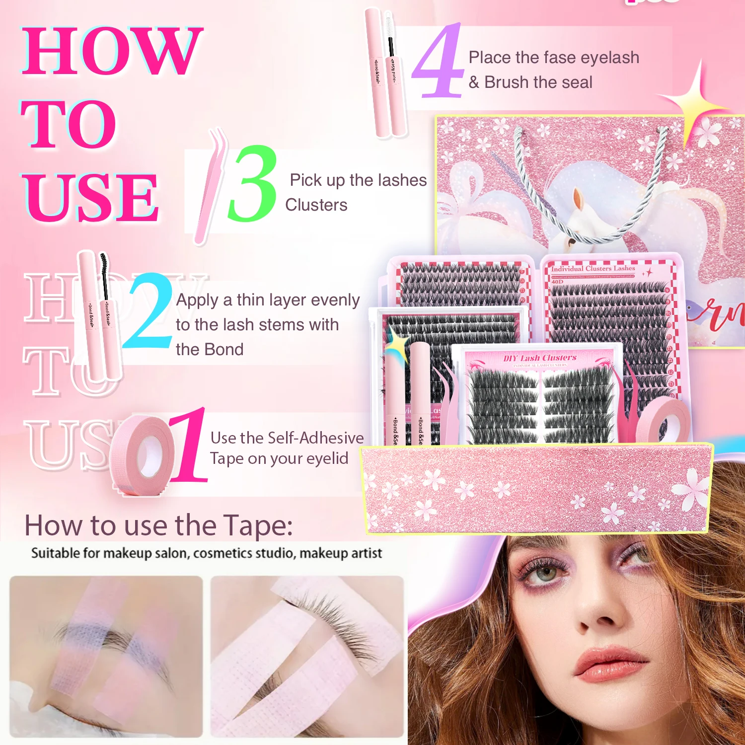 1724 pcs Lash Clusters Kit D Curl 8 Styles Lashes Clusters Kit with Bond&Seal Applicator set and Lash Tape DIY Eyelash Extension