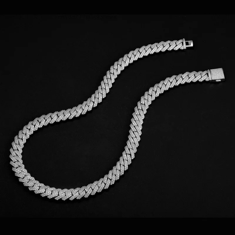 

Hip Hop Style 12mm Cuban Link Chain 2 Rows Iced VVS Diamond Moissanite 925 Sterling Silver with White Gold Plating Rock Jewelry