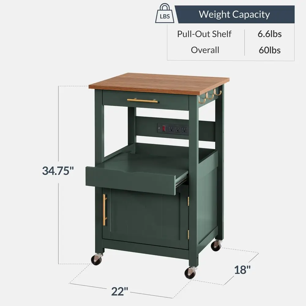 

Rolling Kitchen Island Cart, Single Door Cabinet W Drawer, Sliding Tray, Outlet, Swivel Lockable Wheels, Hooks, Coffee Cart, Mi