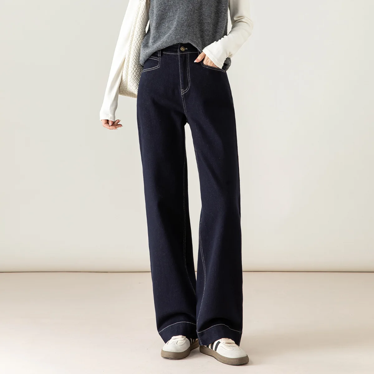YJKDYK 2026 Autumn Winter Thicken Women Shaping Denim Straight Pants Blue Warm Casual High Waist Full-Length Ladies Trousers