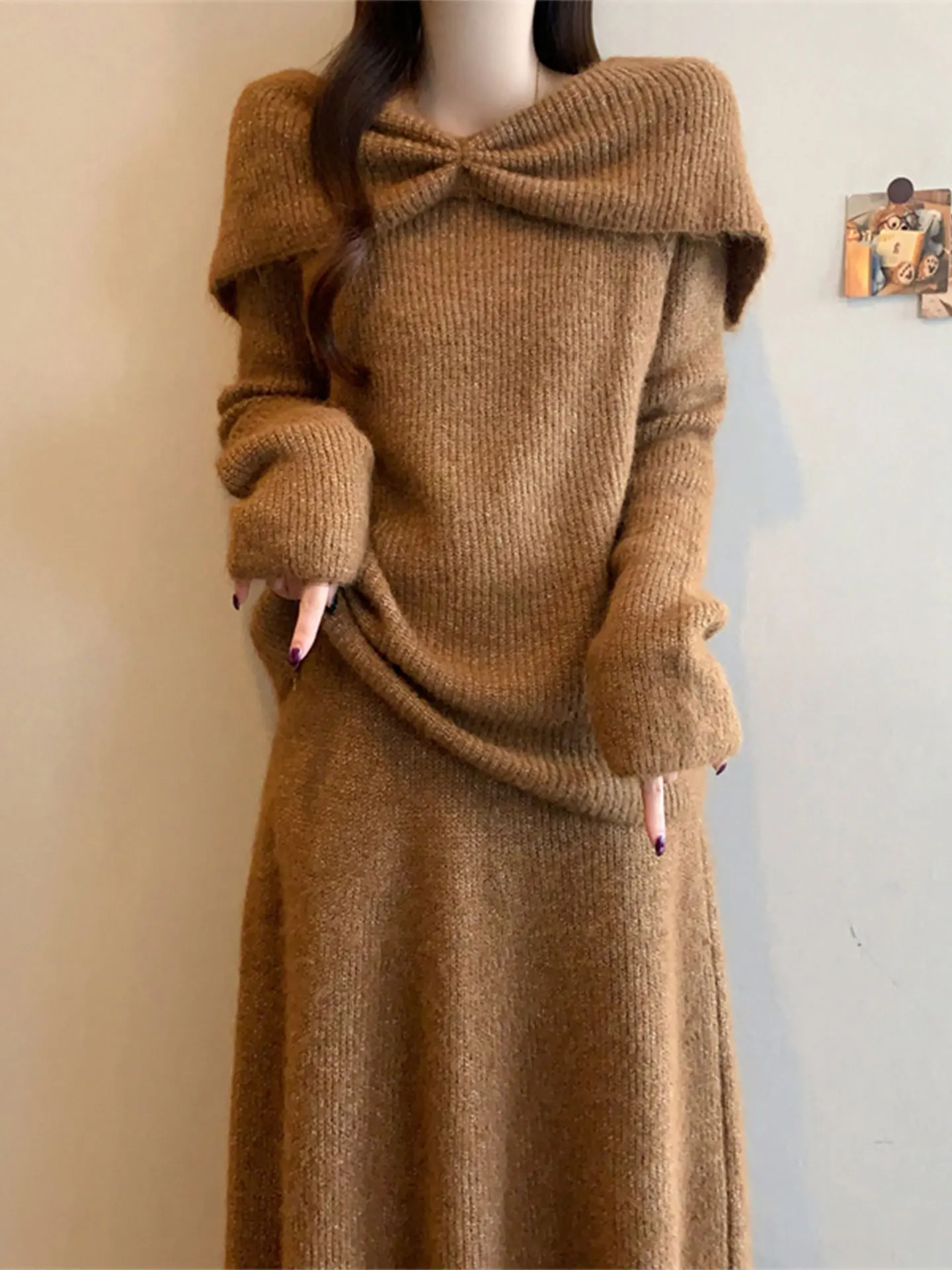

Caramel Color One-oulder Sweater And Skirt Two-Piece Set plus Size Autumn Winter Faion Casual Women's Ensemble