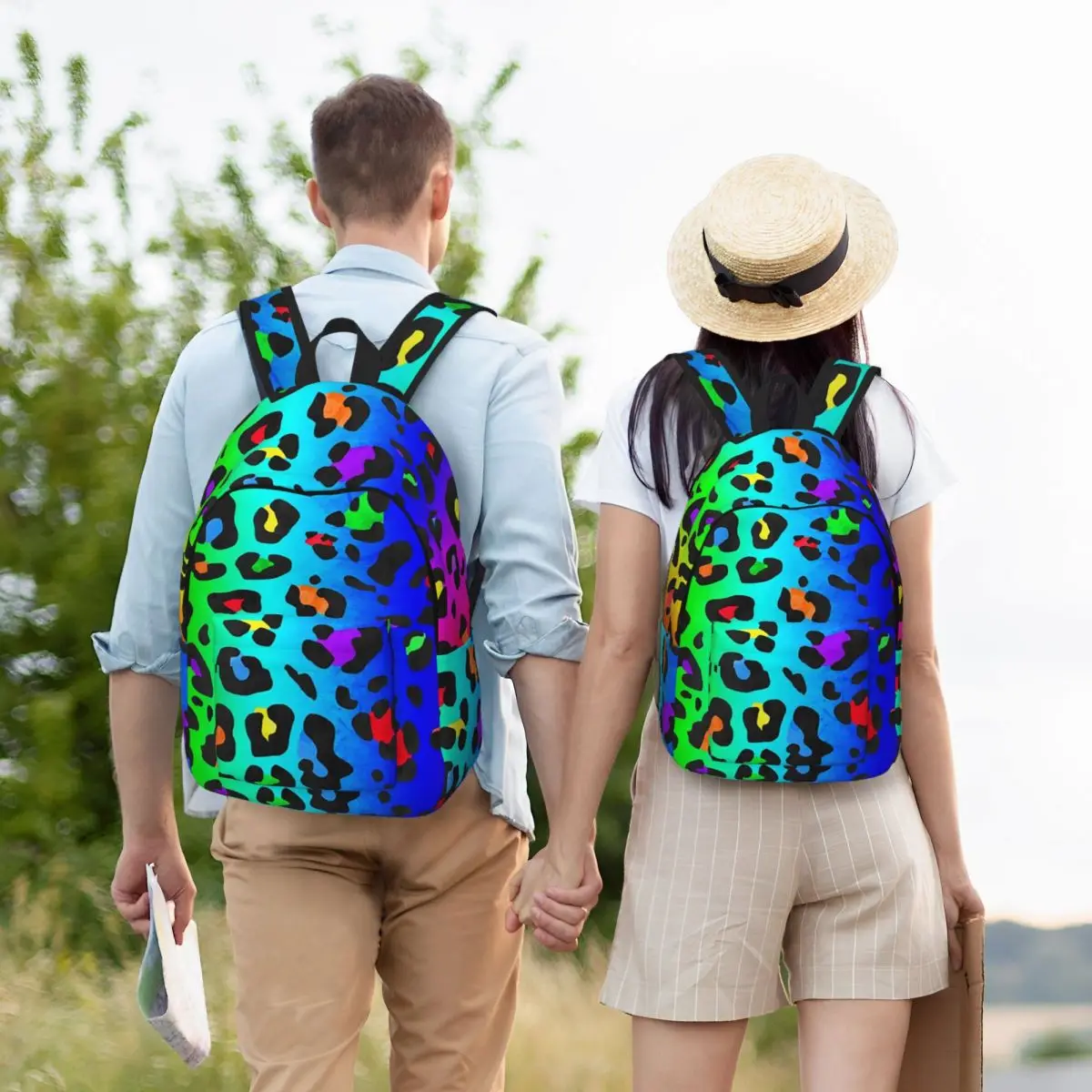 Double Rainbow Leopard Print All Over Animal Pattern Student Backpack School Bag Hiking Travel Daypack for Bookbag Shoulder Bags