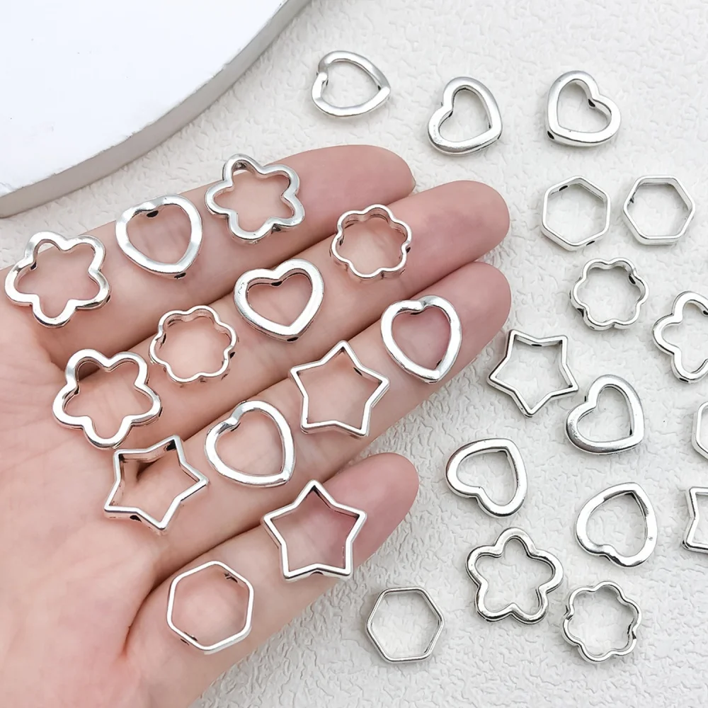 30/50 peças de contas de liga metálica em formato de estrelas e corações, cor prata antiga, contas espaçadoras soltas para fabricação de joias, acessórios DIY para colares e pulseiras.