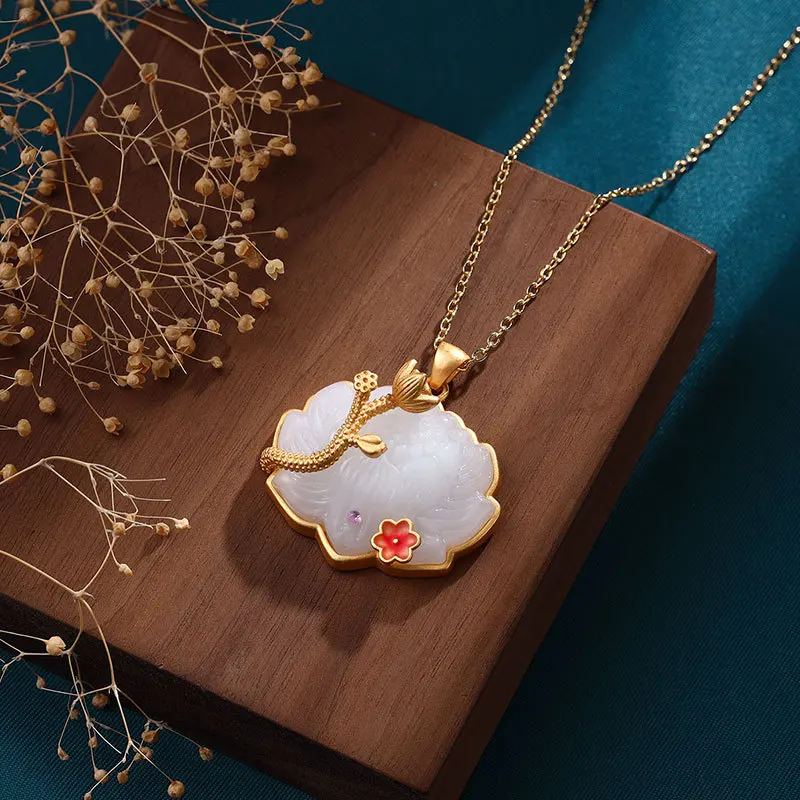 White Natural Jade Lotus Pendant Necklace Designer Carved Gemstone 18K Gold Plated Real Jewelry Gifts for Women Stone Talismans