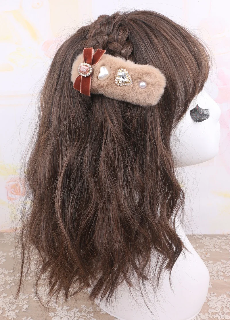 Нежная плюшевая заколка для волос Kawaii Jirai Kei, заколка для волос в японском стиле, милые женские заколки со стразами в стиле Лолиты, аксессуары для девочек