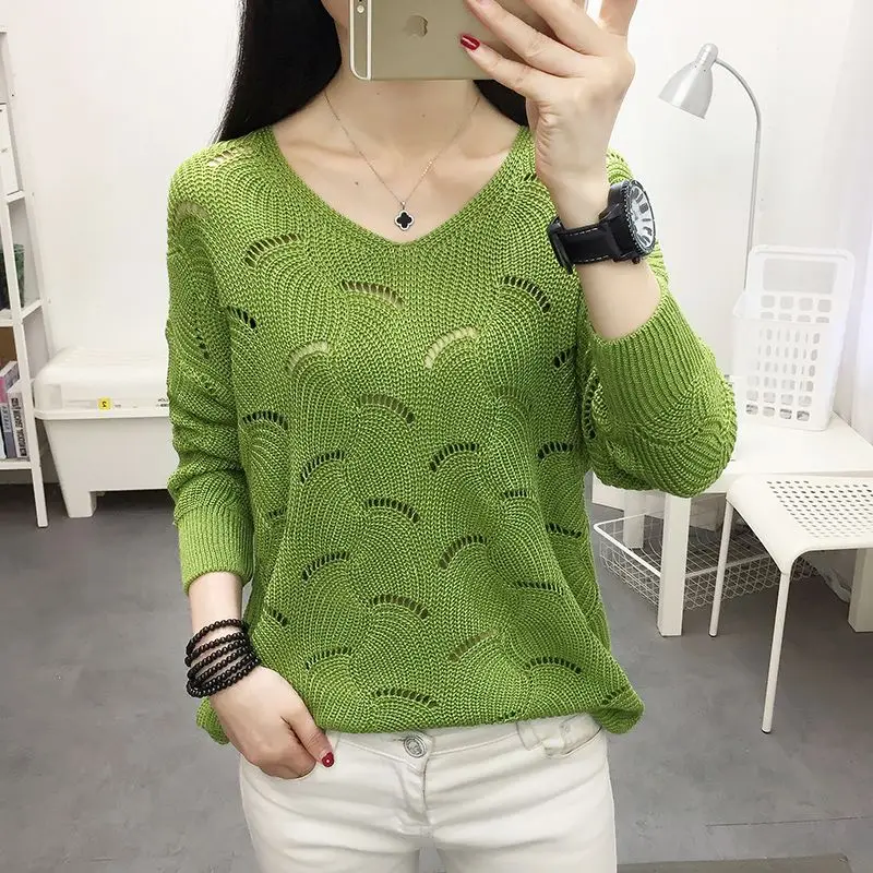 Women Clothing Fashion Hollow Out Thin Knit Pullovers Spring Autumn Casual Loose V-neck Long Sleeve T-shirt Office Lady Chic Top