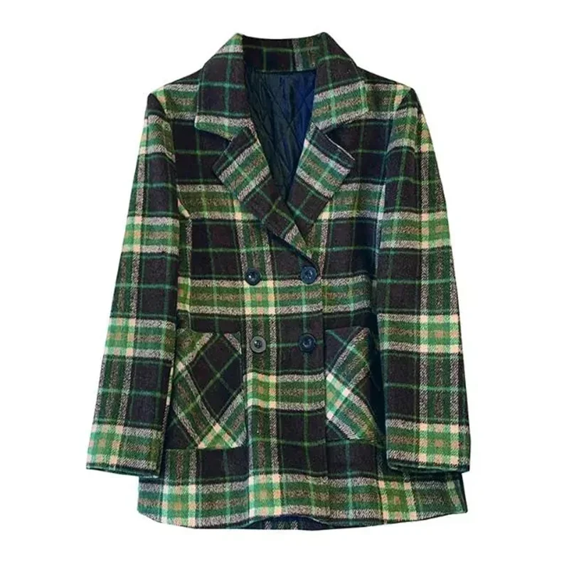

Новинка 2026, осенне-зимние куртки, женское высококачественное шерстяное пальто в клетку, универсальный двубортный шерстяной пиджак с хлопковой подкладкой