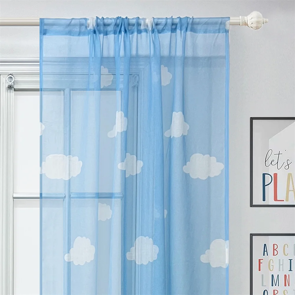 Blue Semi Sheer Curtains Clouds Printed Window Panels for Bedroom Living room Light Filtering Voile Kids Room Decor