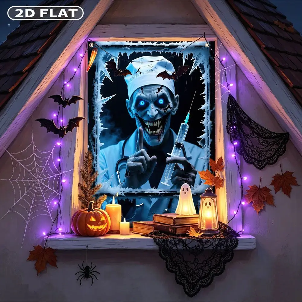 2D FLAT 1pc Party Window Cover Banner, with Creepy Doctor With Glowing Eyes And Syringe, No Power Need Home Decor