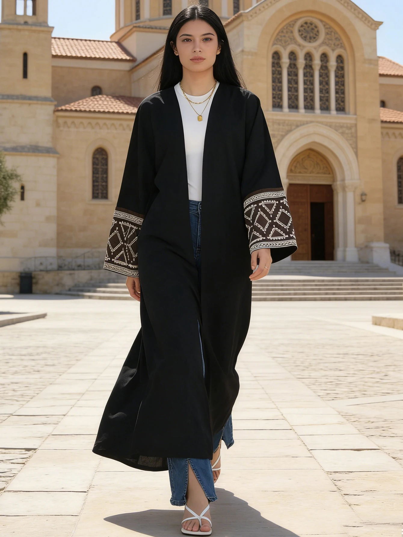 عباية نسائية قفطان إسلامي بأكمام مطرزة متباينة طول ماكسي فستان رمضان جلباب مفتوح من الأمام عبايات خارجية معاطف صوفية