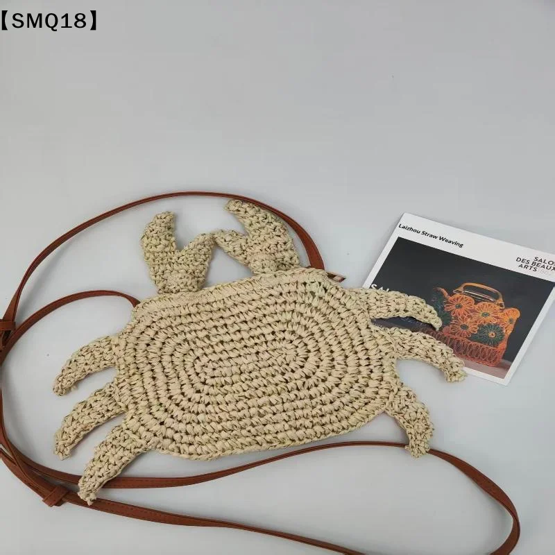 Crochet Straw Woven Bag Cute Crab Animal Crossbody Purse Mini Handbag Tote Casual Outdoor Pocket Bag Fresh Style Satchel【SMQ】