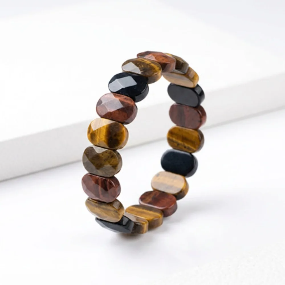 

Natural Tiger's Eye & Obsidian Faceted Bangle Bracelet, Elastic Beaded Design, Healing Crystal Jewelry