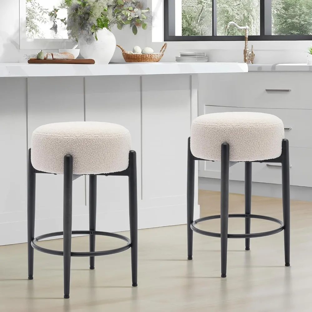 Modern Bar Stools Set of 2,with Round Soft Padded Boucle Backless Seat and Mid-Century Base,24" Sherpa Counter Height Stools