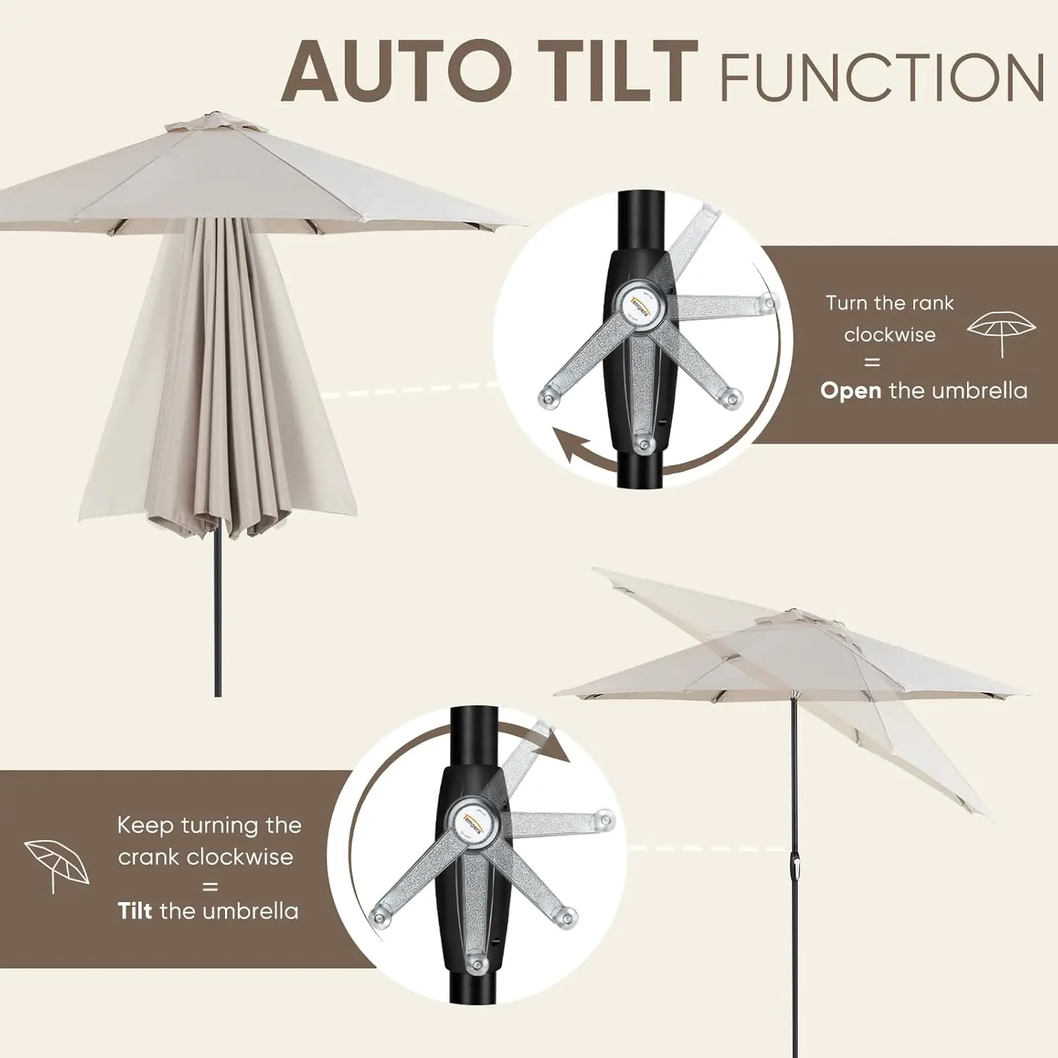 9ft Outdoor Table Umbrella with Auto Tilt and Crank,Large Sun Umbrella with Sturdy Pole&Fade resistant canopy,Easy to 21