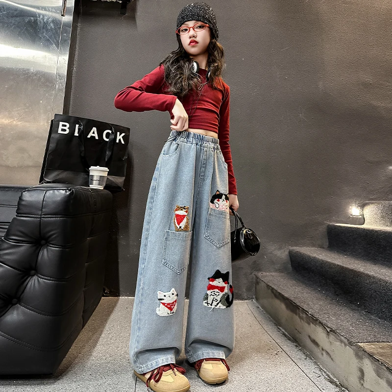 spring junior girls cartoon wide leg jeans teenage kids towel embroidered cat denim pants Fashion child trousers 4 6 8 10 12 14