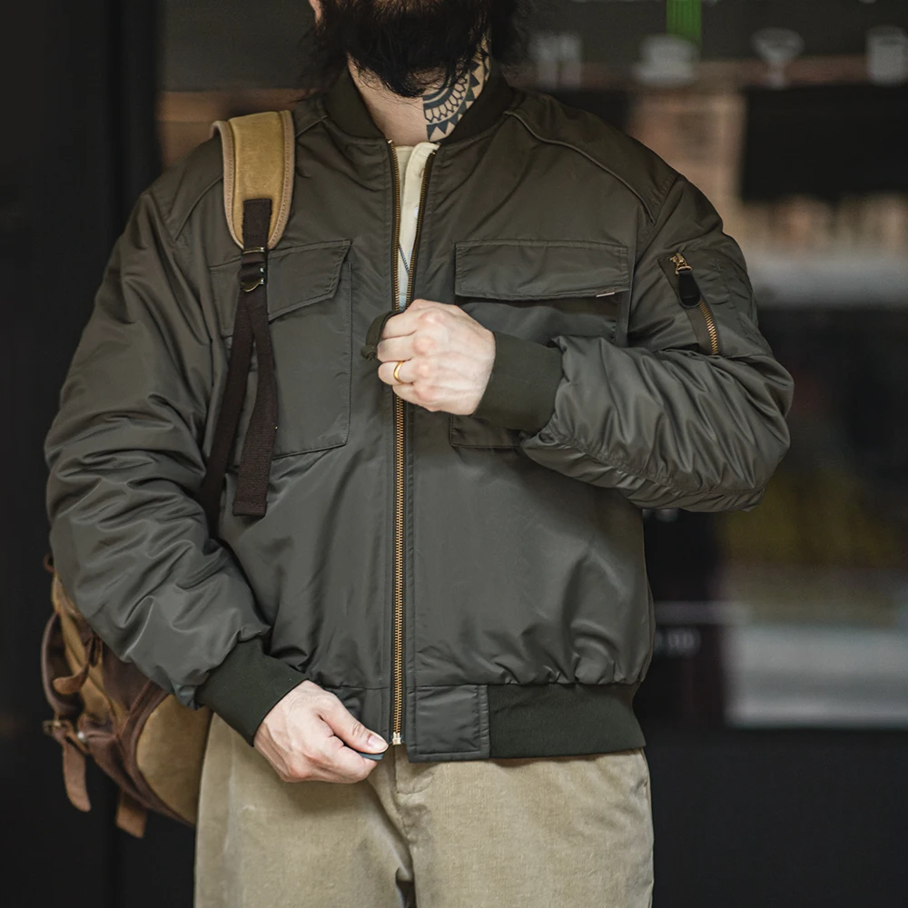 Maden Baseball Collar MA1 Bomber Jacket dla mężczyzn Klasyczna pomarańczowa podszewka Płaszcze z podwójną kieszenią Pogrubiona kurtka jesienno-zimowa