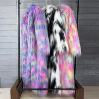 Women Print Long Faux Fur Coat Turn Down Collar Elegant Thick Coat