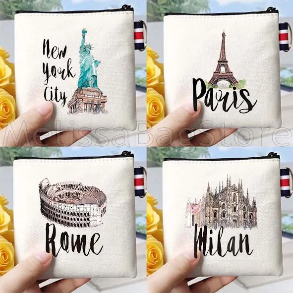 New York Paris London Rome City Print Canvas Bag Coin Purse Custom Coin Purse Key Case Small Bag New Creative Coin Purse Wallet