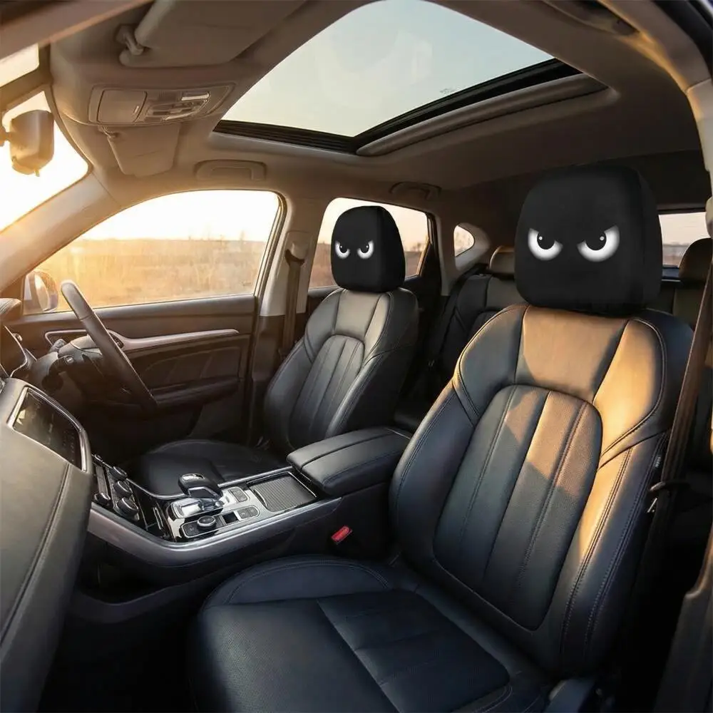 2PCS White Slant Eyes Car Headrest Covers 2D Double Sided Print Funny Universal Auto Interior Decor Accessories