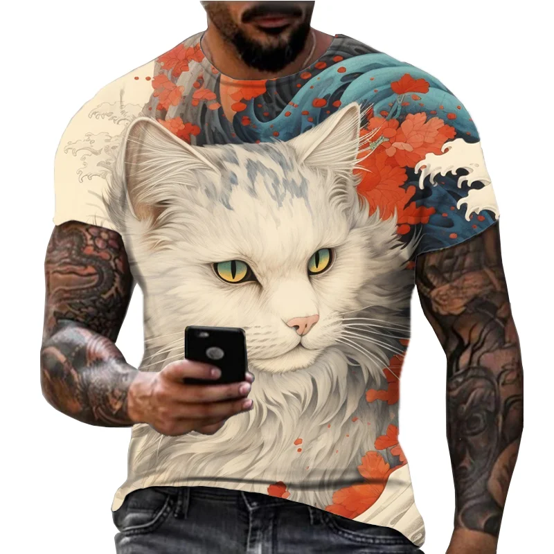 2024 New Men's 3D Printed Animal Lion Cat Harajuku Fashion Casual Loose Large Round Neck Short Sleeve T-shirt