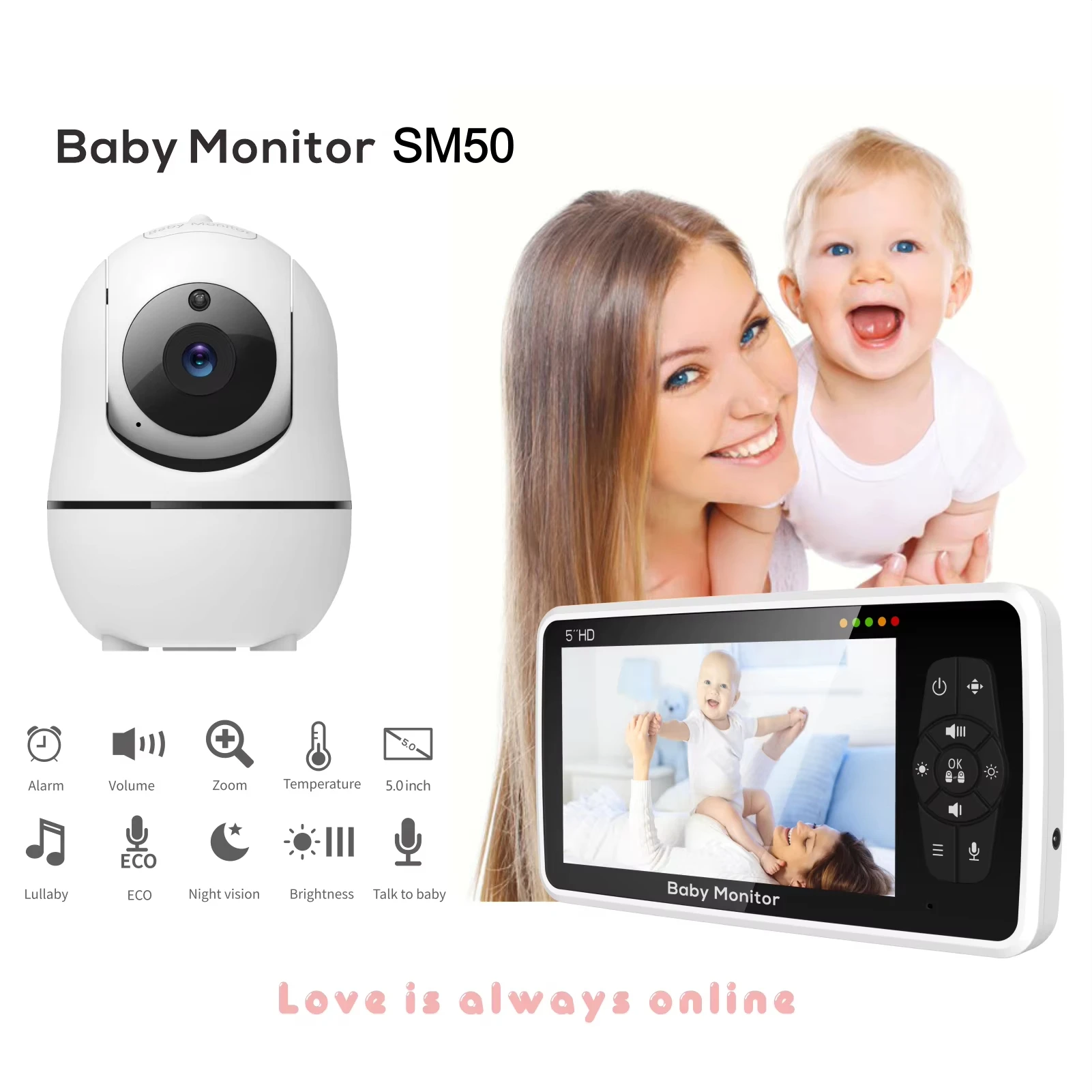 New 5 Inch Video Baby Monitor with Camera and Audio, 4X Zoom, 22Hrs Battery, 1000ft Range 2-Way  Temperature Sensor Lullaby