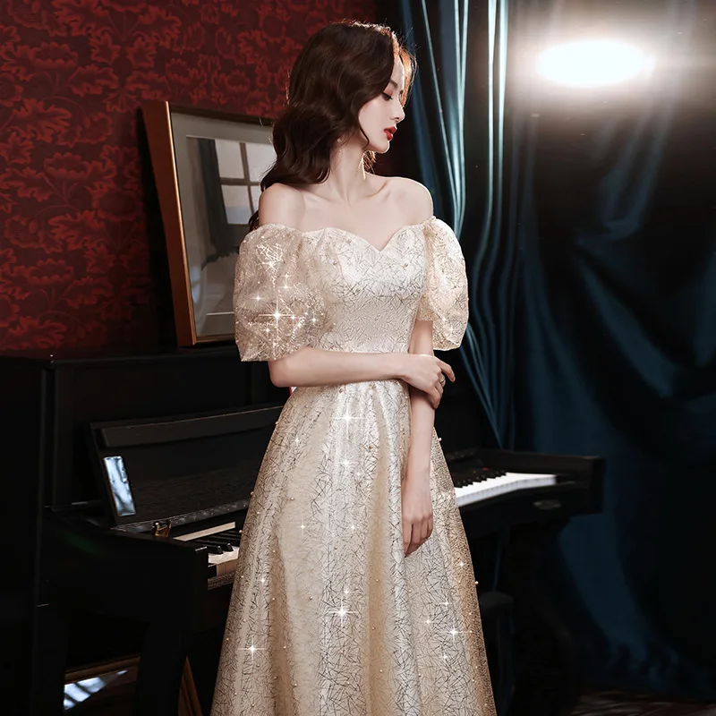 Summer New Champagne Women's Square Collar Evening Dress Fashion Grand Banquet Bridesmaid Dress Student Performance Long Dress