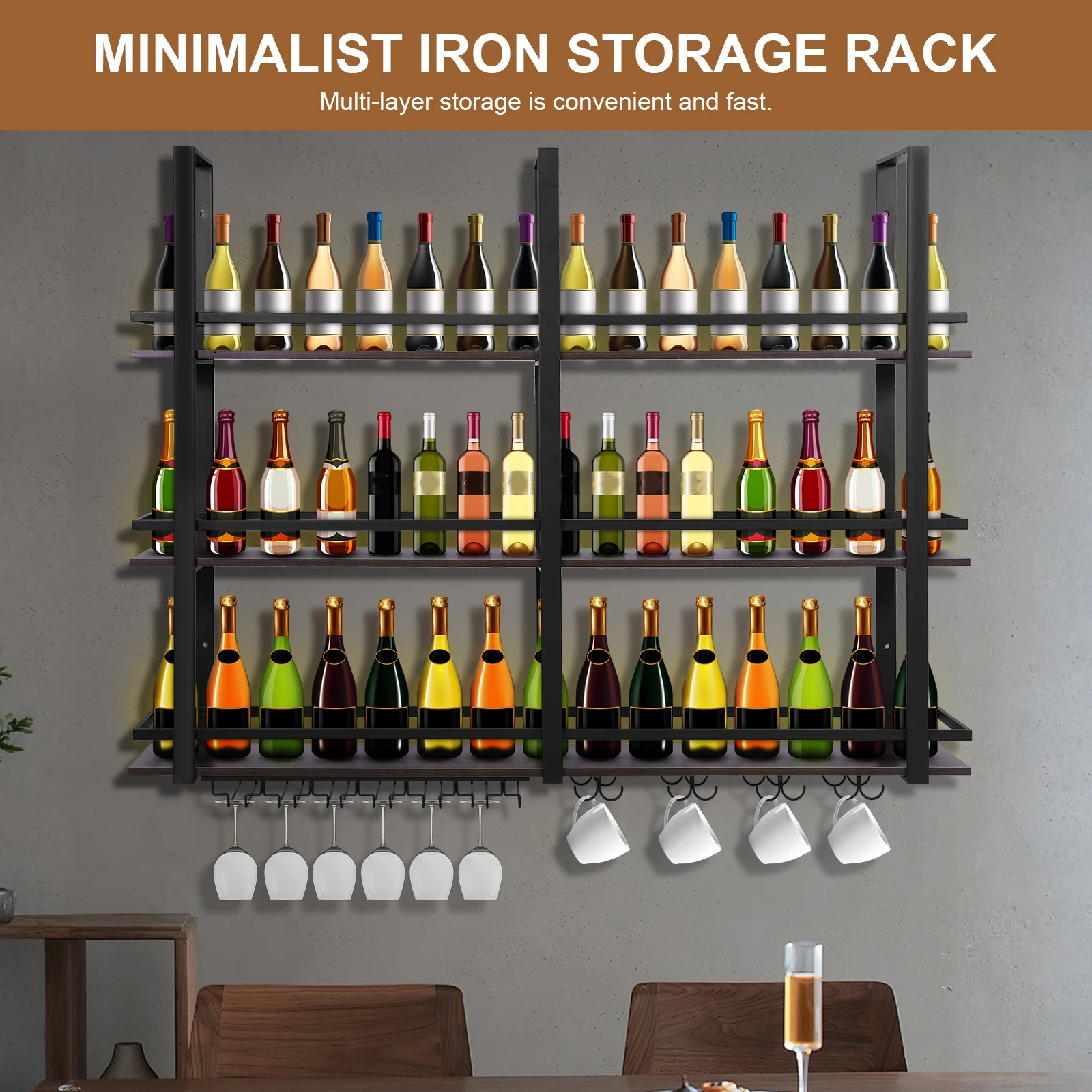 

Wall Mounted Wine Rack 3 Tier Metal Bar Shelves with Glass Holder 63in for Home Dining Room & Kitchen