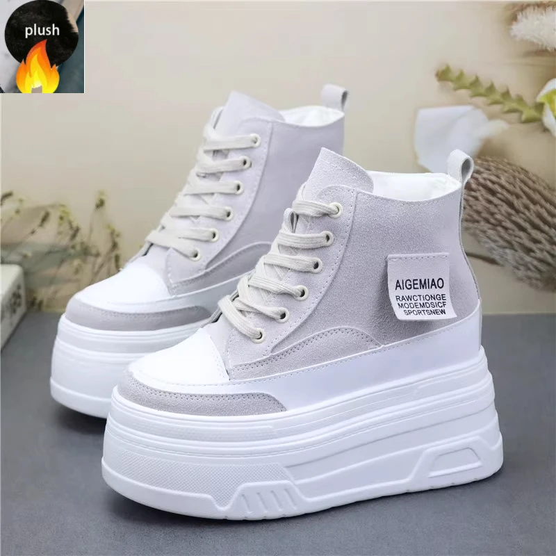 

12cm Cow Down Cloth Women Ankle Booties Platform Wedge Females Plush Warm Autumn Winter Shoes Snow Boots