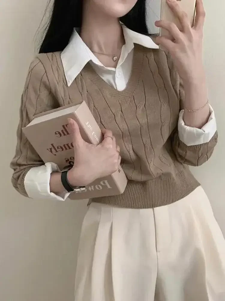 

Модный зимний вязаный свитер, женский повседневный пуловер с v-образным вырезом, универсальная женская одежда, свободные искусственные два предмета, короткие топы, джемпер