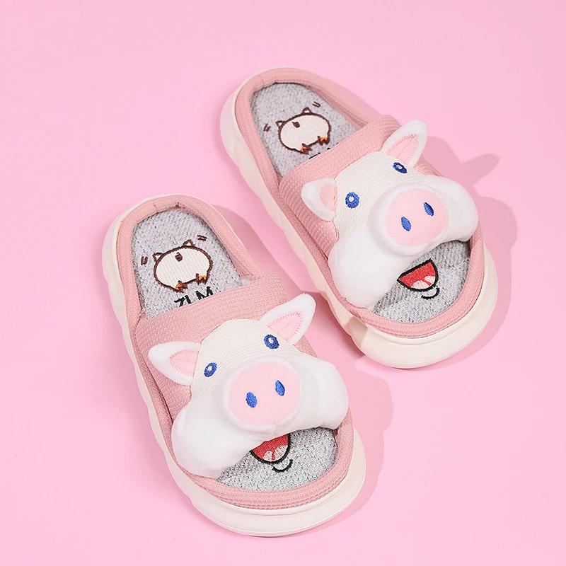 Linen Casual Slippers Home Cartoon Pig Designer Shoes Women 2024 Summer Cute House Platform Slides Girls Soft Non-Slip Sandals