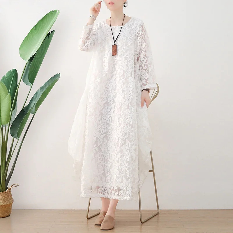 

Loose White Lace O-Neck Long Causal Dress 2022 Irregular Autumn Women Maxi Dress Elegant Vestidos Holiday Women Female Dresses