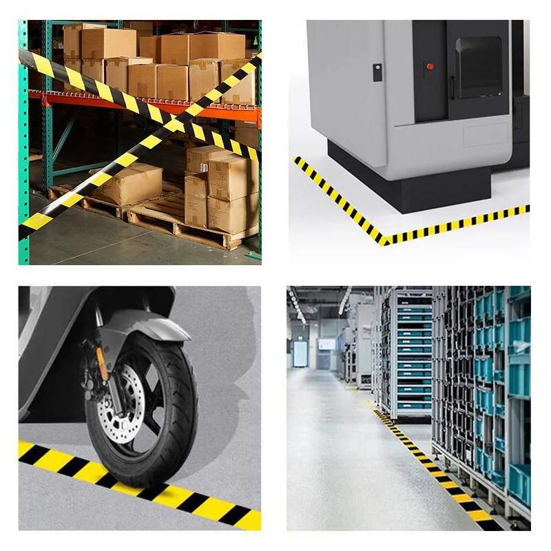 Black and yellow hazard safety warning stripe barrier tape, suitable for marking floors, walls, pipes, and equipment