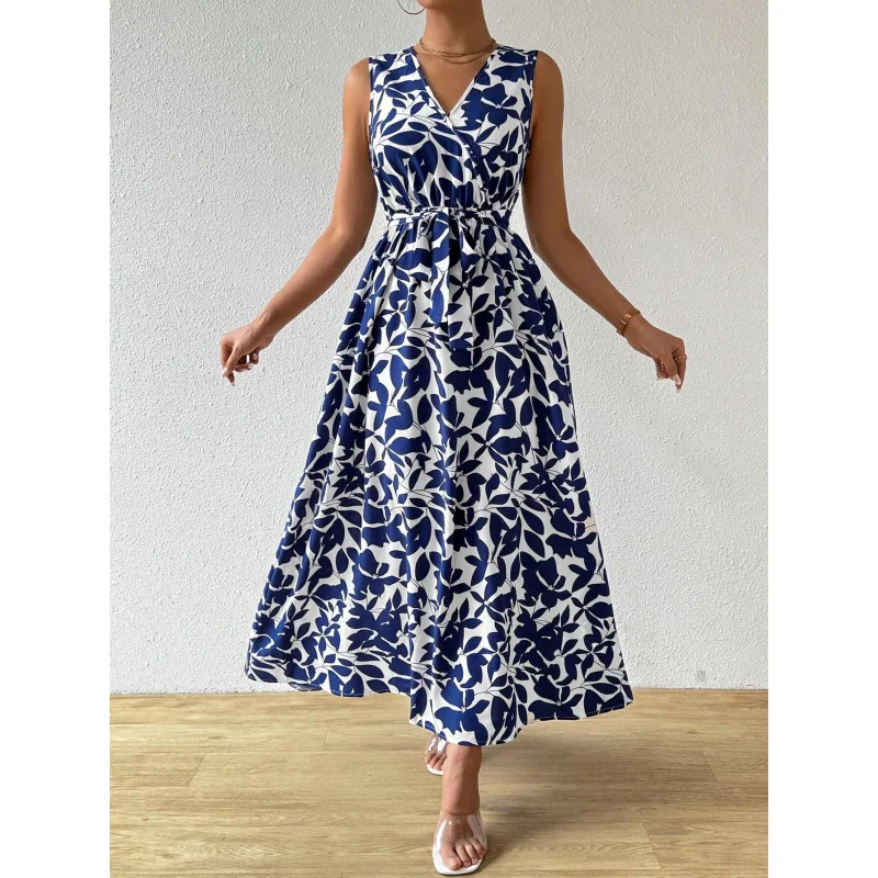 2025New Year's Elegant Ladies French Resort Style PrintVLong Tie Collar Dress