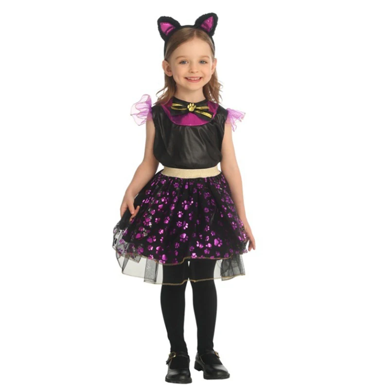 

2025 New Arrival Girl Toddler Purple Miss Kitty Halloween Fancy Dress Up Girls Cat Costume