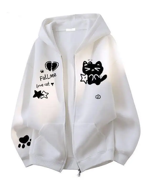 American Lazy Style Cartoon  Print Hooded Zipper Sweatshirt Spring Autumn Unisex Loose Casual Open Cardigan Jacket