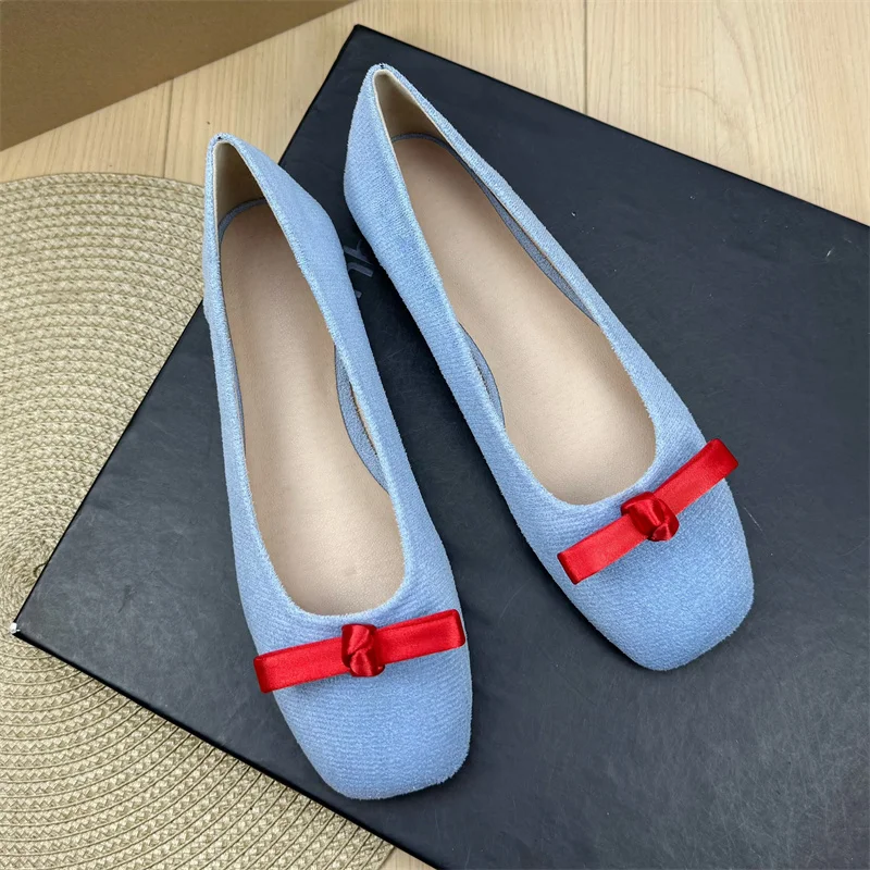 

Flat Shoes Women 2025 Spring Autumn French Bow Square Toe Ballet Shoes Women Loafers Women Shoes Super Big Size 43 44