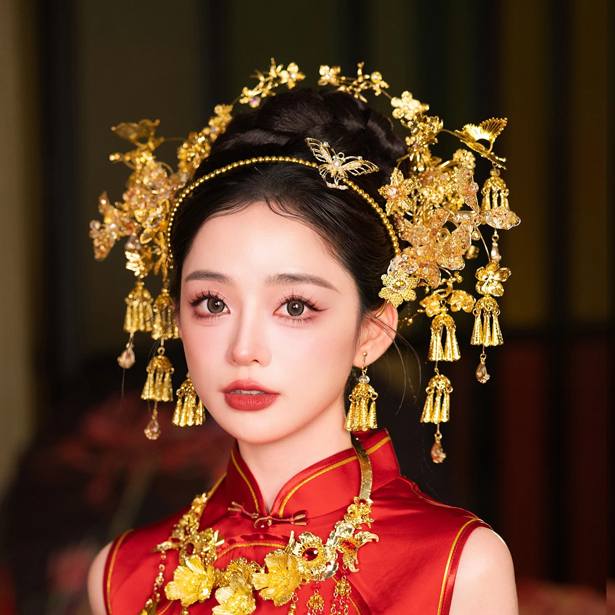 HIMSTORY New Bride Yellow Chinese Wedding Headwear Handmade Traditional Hanfu Versatile Headband Exquisite Hairpin Accessory