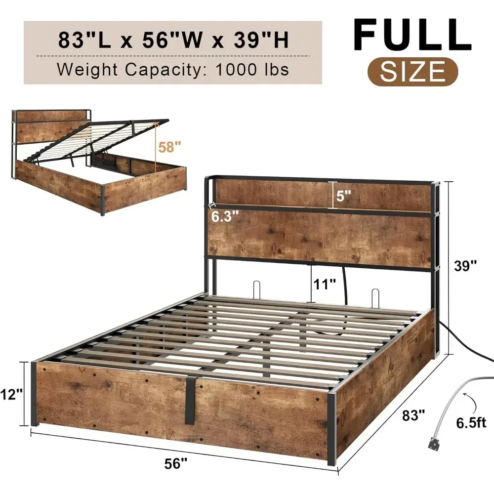 Full Size Lift Up Storage Bed Frame, Wooden Platform Bed Frame with Lifting Storage & Charging Station, No Spring Box Needed