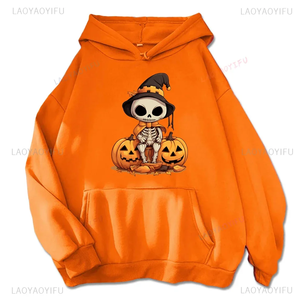 Halloween Bones Witch Pumpkin Graphic Hoodies Woman Man Autumn and Winter All Saints' Day Orange Sweatshirt Creative Hoody