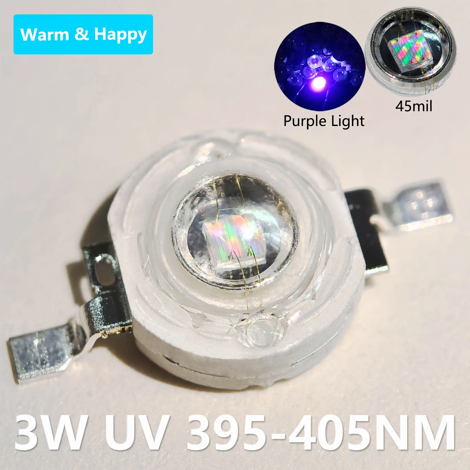 ชิป LED 3W 10 ชิ้น DC3-3.6V สำหรับตรวจจับการฆ่าเชื้อ แสงสีม่วง 395-405 นาโนเมตร ขนาด 45 มิล พร้อมฐานทองแดง อุปกรณ์เสริมหลอดไฟไดโอด