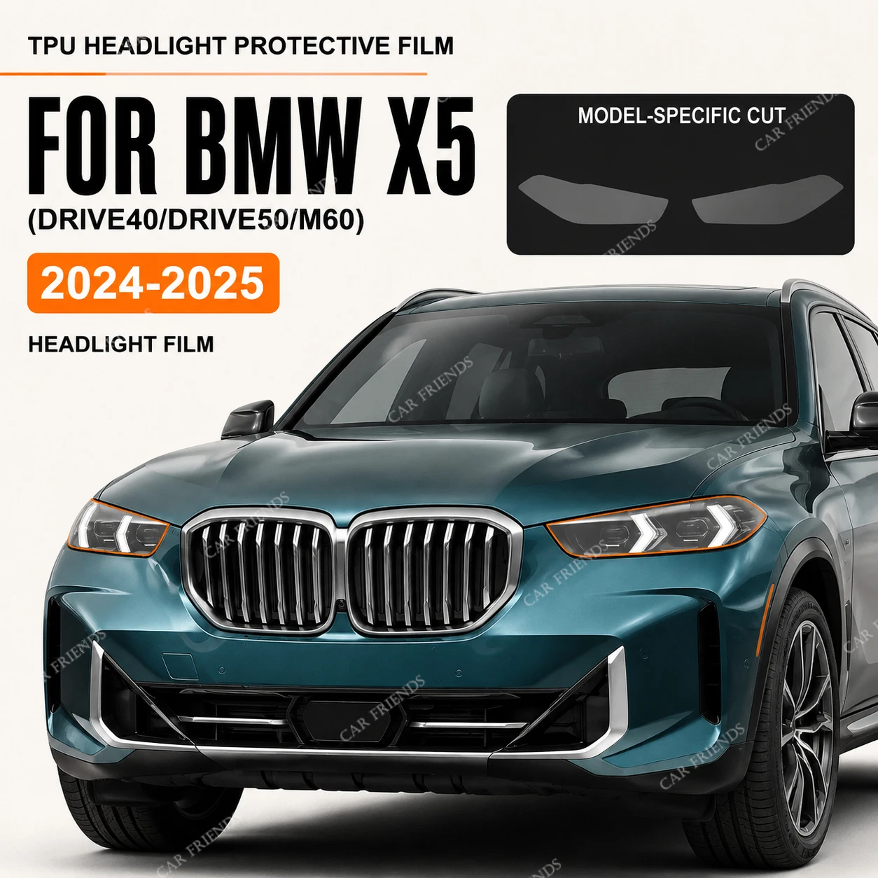2x Custom Fit TPU Headlight Protective Film for BMW X5 M-Sport 2024-2025 Clear