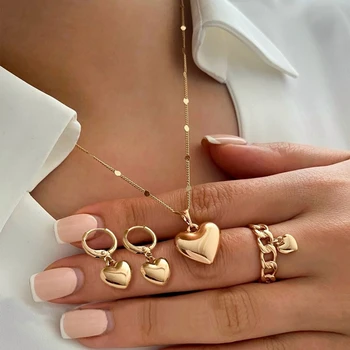 4Pcs/Set Vintage Love Heart Pendant Necklace Ring Hoop Earring for Women Simple Gold…